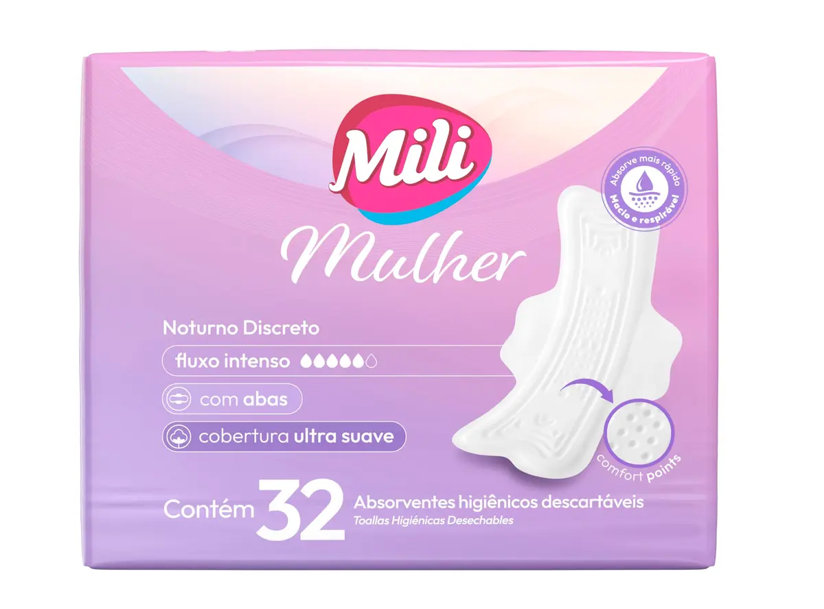 Mili Mulher Absorvente Externo Com Abas Cobertura Suave, Tecnologia Comfort Points com Absorção Rápida, Fluxo Intenso, 32 Unidades