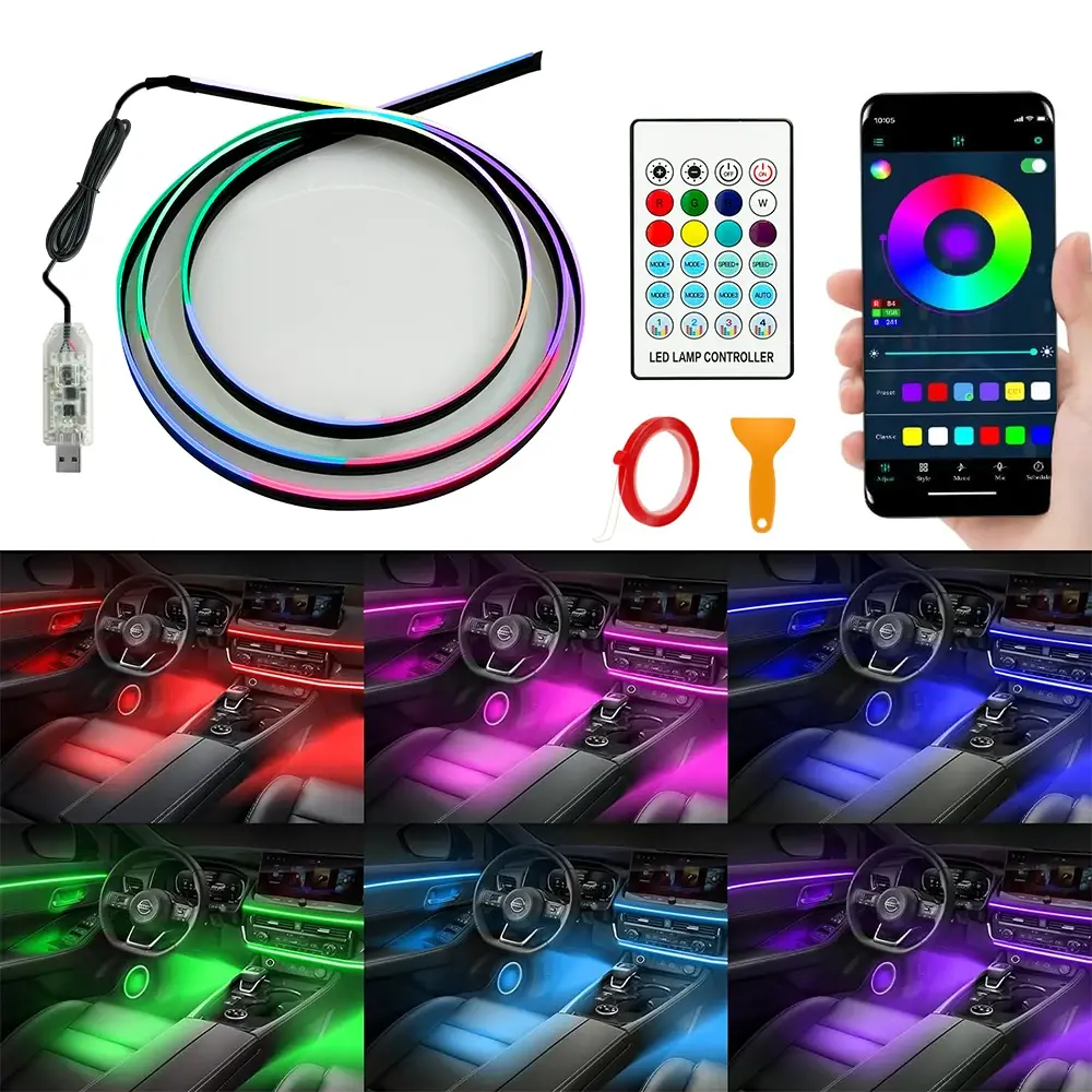 43.31 polegada streamer luzes ambientais do carro rgb 64 cores universal led interior escondido sob tira acrílica sinfonia atmosfera lâmpada - 1