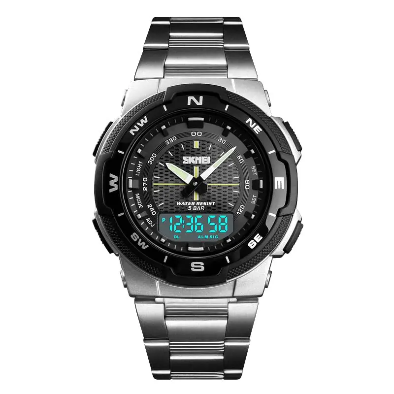 Relógio de pulso masculino de marca 1370, com pulseira de aço inoxidável, mostrador de data, ponteiros luminosos e mecanismo de quartzo Wristwatch - 1