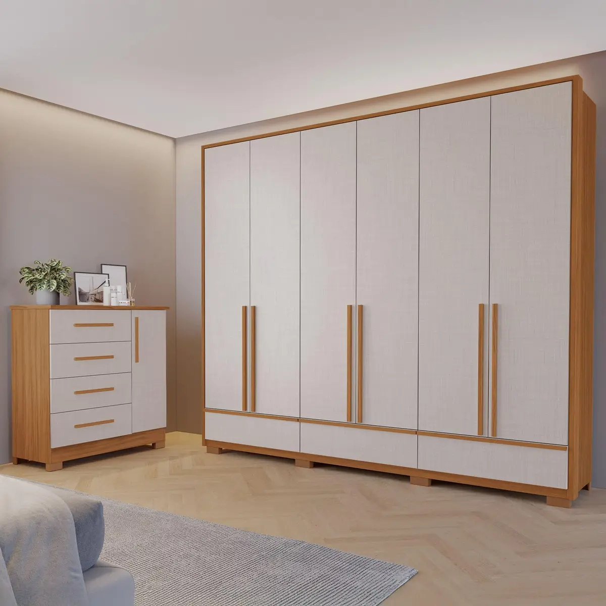 Conjunto de Quarto com 1 Guarda-roupa e 1 Cômoda Freijó/Off White - 1