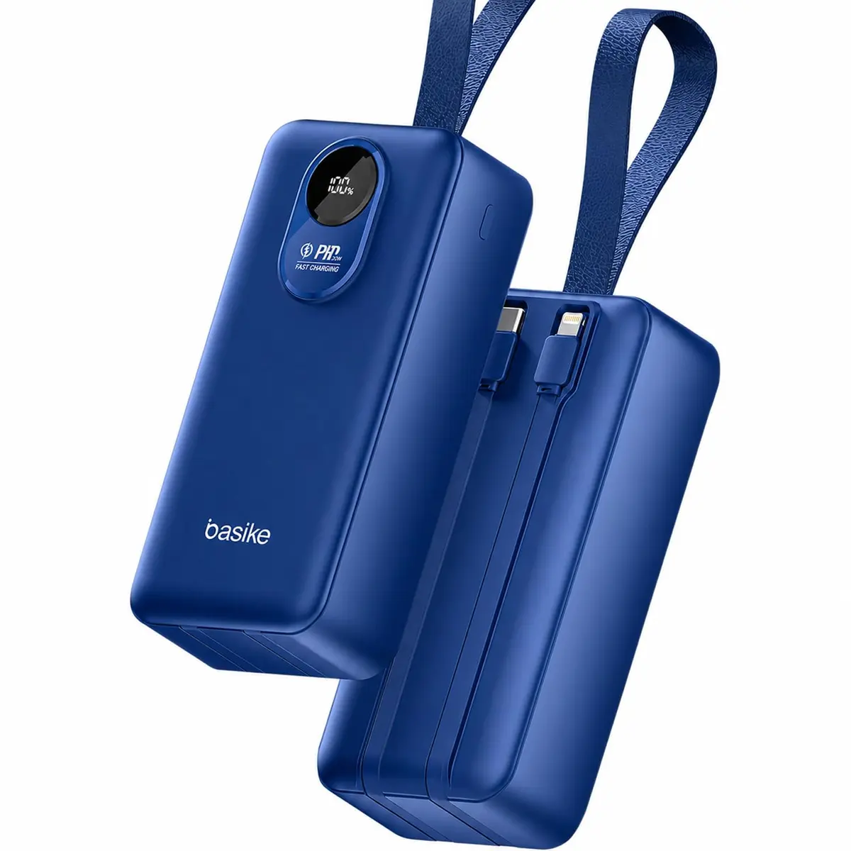 Basike Power Bank 30000mAh, Carregador Portátil, Carregamento Rápido (Azul) | USB-A (até 22,5W, QC) + USB-C (até 20W, PD), 2 Cabos Integrados (USB-C e Lightning), LED Display, Proteção Inteligente