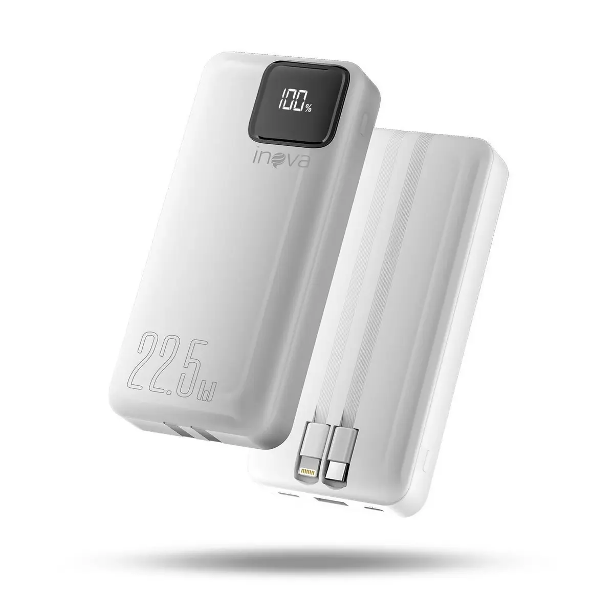 Power Bank com cabo integrado, Carregador Portátil de 20000mAh com Carga Rápida, Múltiplas Portas, Design Leve e Proteção Inteligente para Dispositivos iOS e Android/USB/Type-C/Branco(MD-12412)