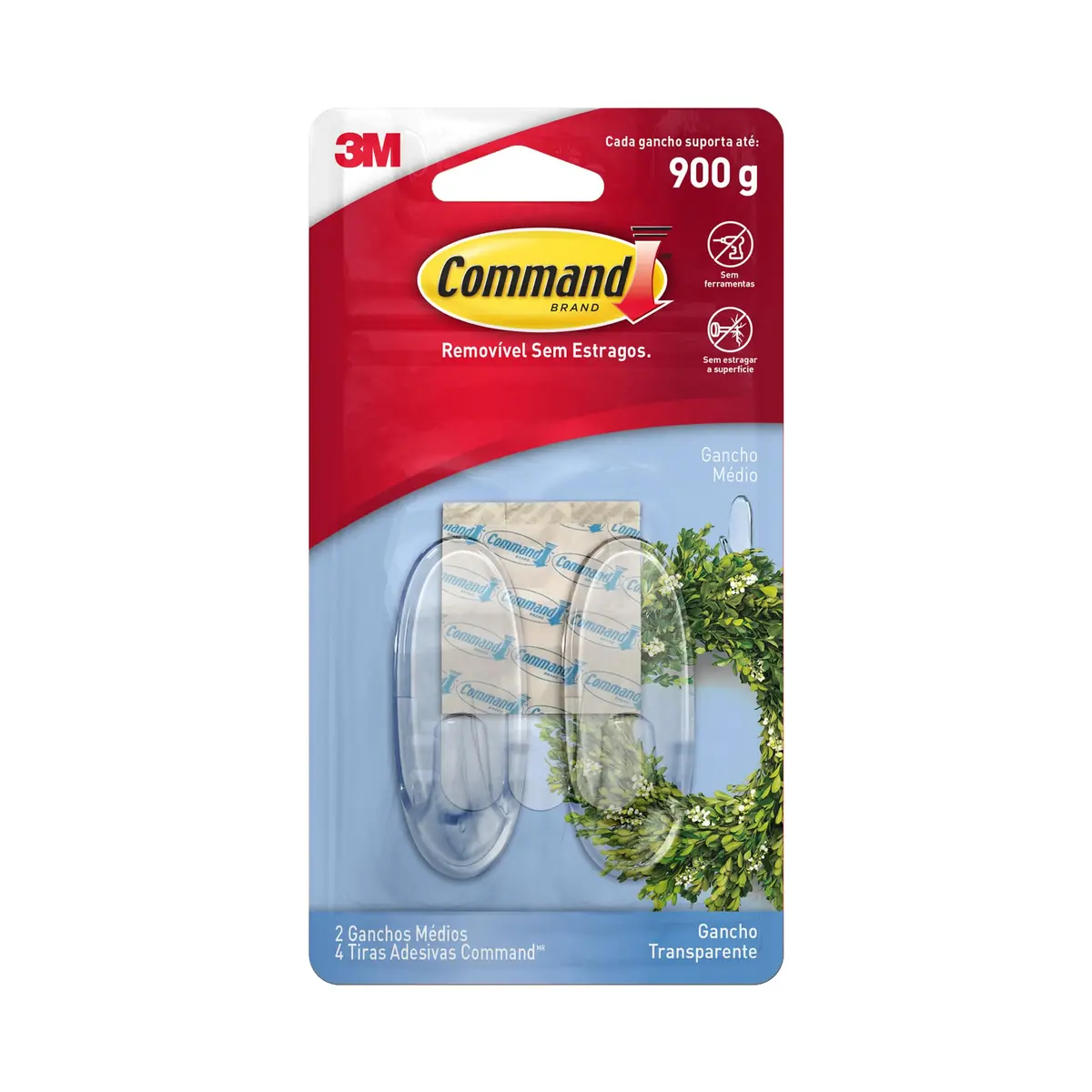 COMMAND 3M Gancho Removível Adesivo Médio Transparente 2 Unidades | Suporta Até 900 g, Sem Furos ou Pregos na Parede, Ideal para Organizar e Pendurar Objetos, Fácil de Aplicar e Remover