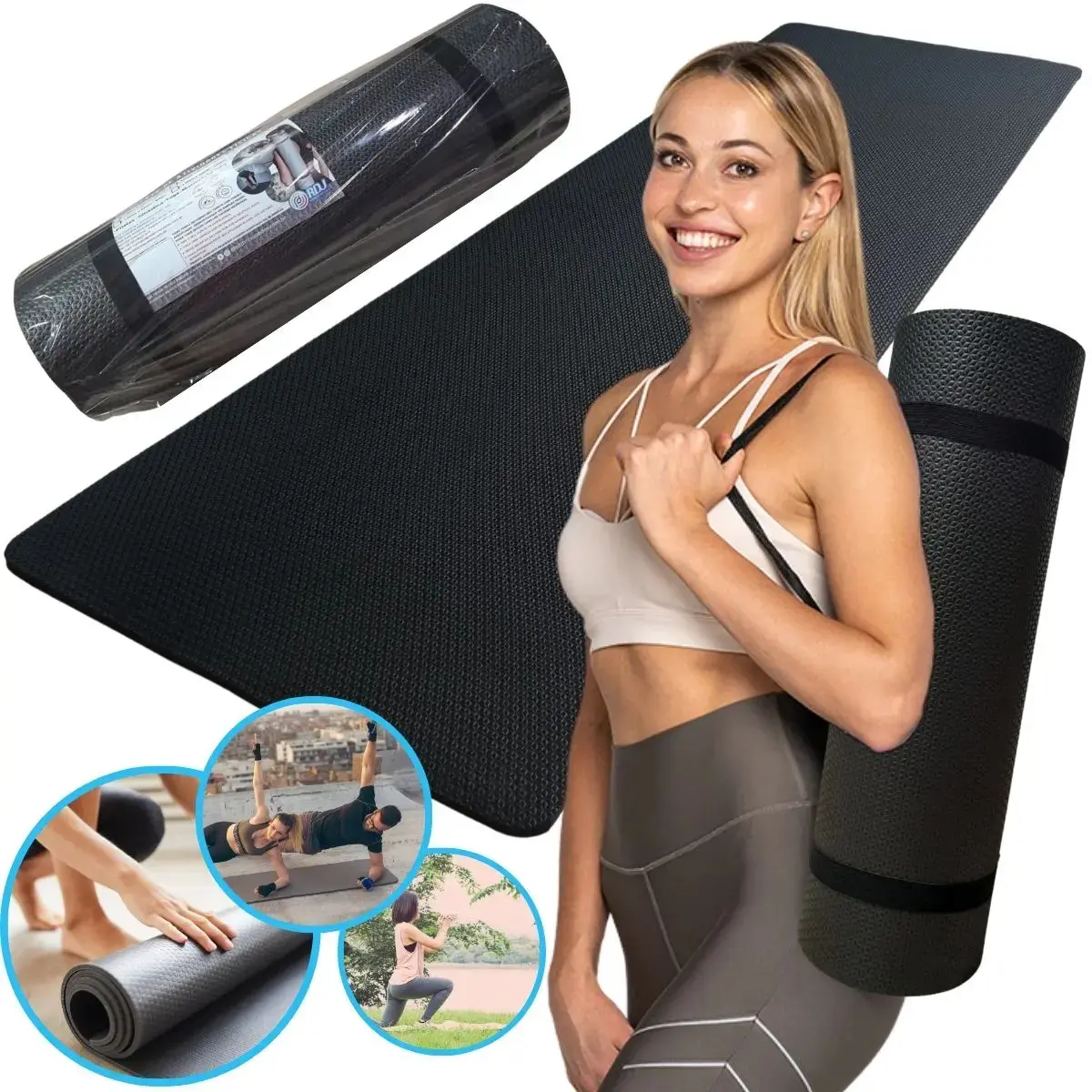 Tapete Yoga Pilates 1,80m x 53cm x 10mm Colchonete Grosso Antiderrapante para atividades Físicas Preto RDJ - 1