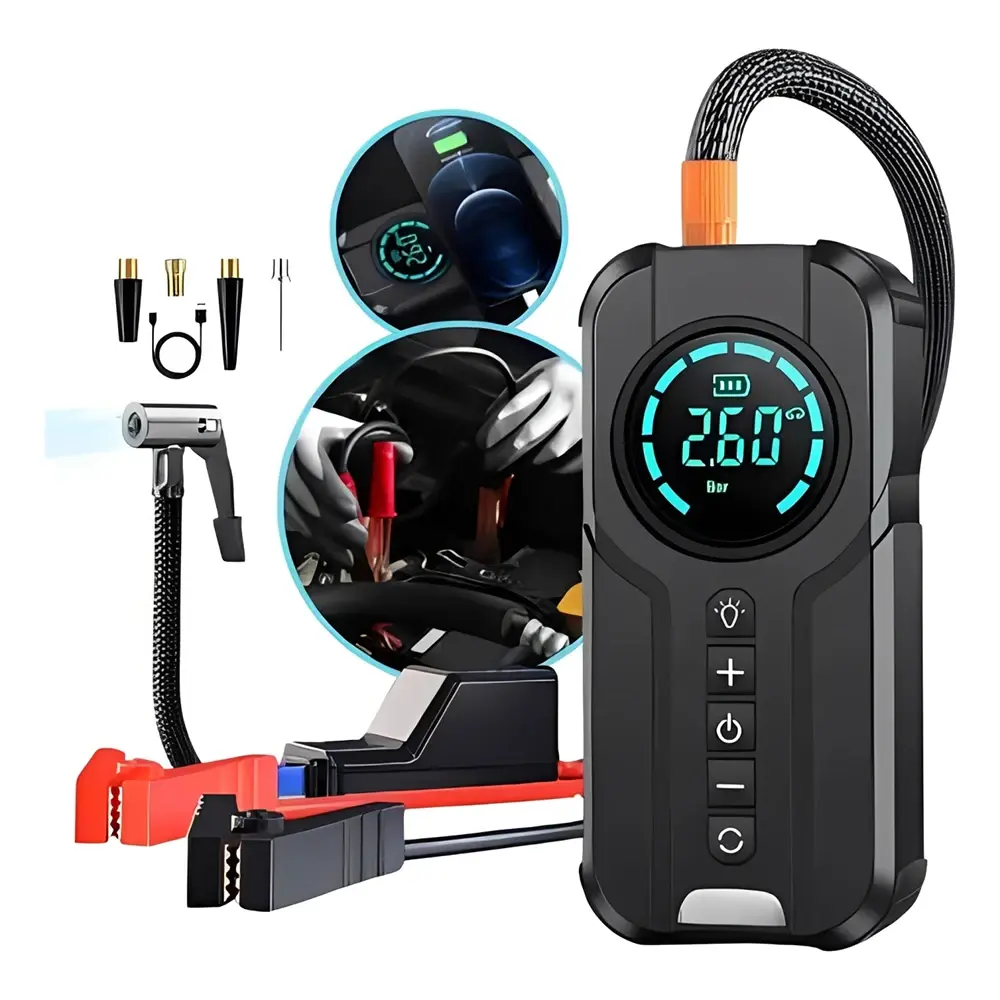 Compressor de Ar Digital Portátil Recarregável para Carro, Moto e Bicicleta com USB e LED