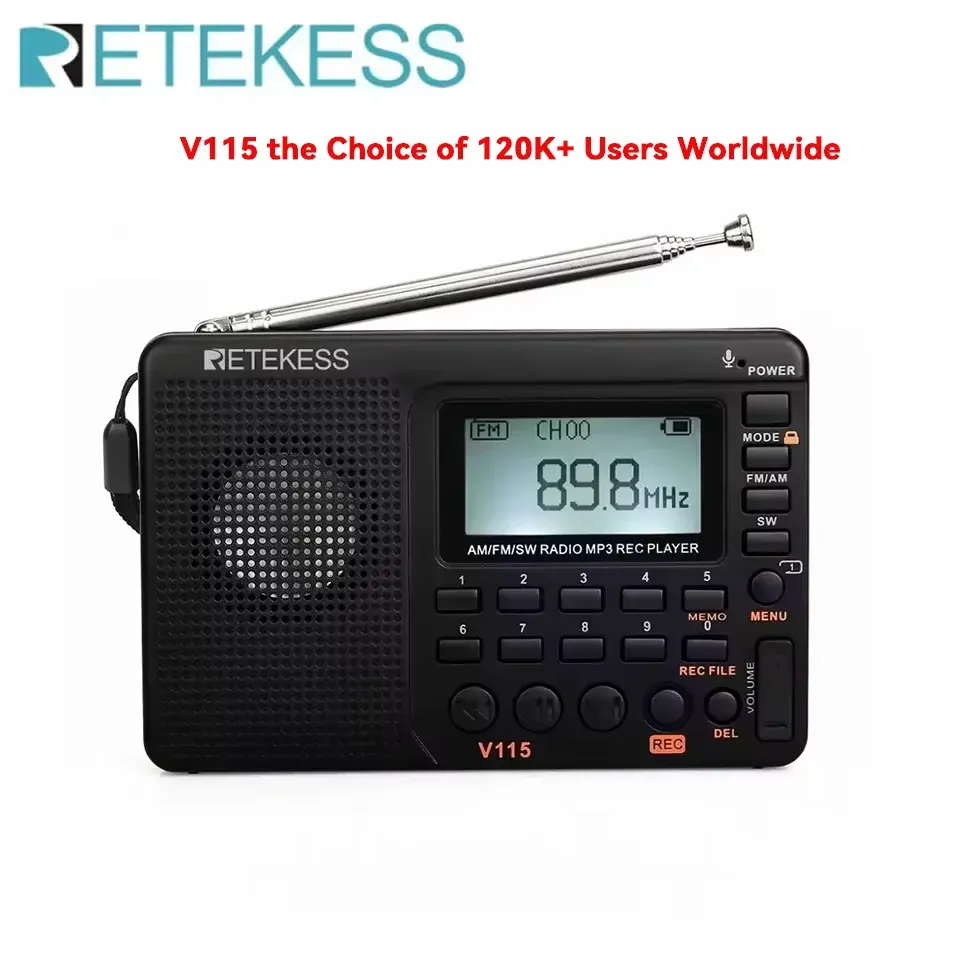 RETEKESS V115 Rádio Portátil Rádio Recarregável AM FM Receptor Multifuncional de Ondas Curtas Boa Qualidade de Som para Camping e Presentes