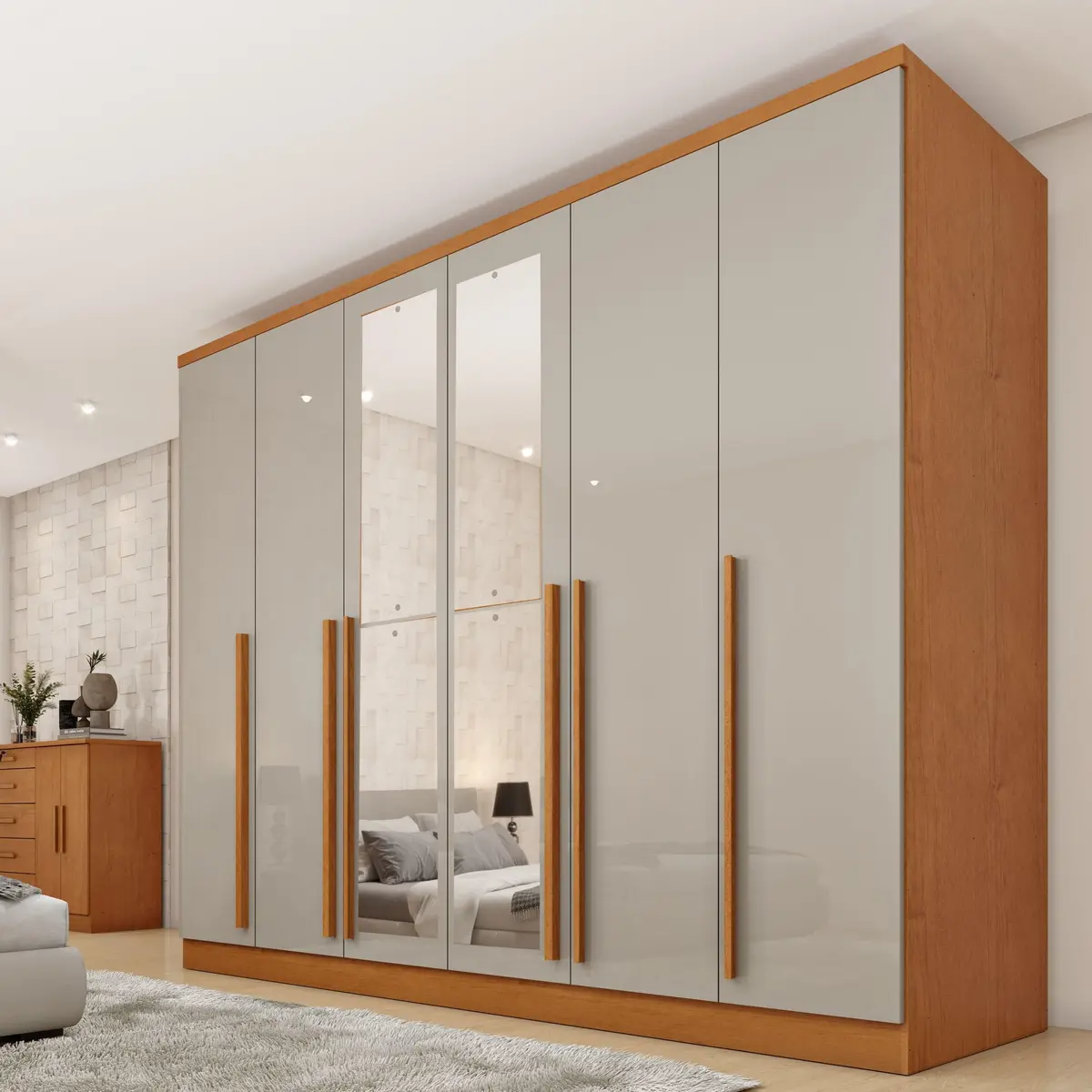 Guarda Roupa Casal 6 Portas 8 Gavetas Puxador MDF 270cm com Espelho Portugal Espresso Móveis Cinamomo/Off White - 1