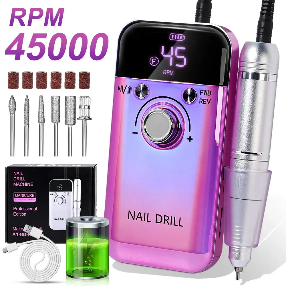 45000rpm elétrica máquina de broca do prego profissional brocas para unhas gel polonês recarregável portátil arquivo manicure ferramenta