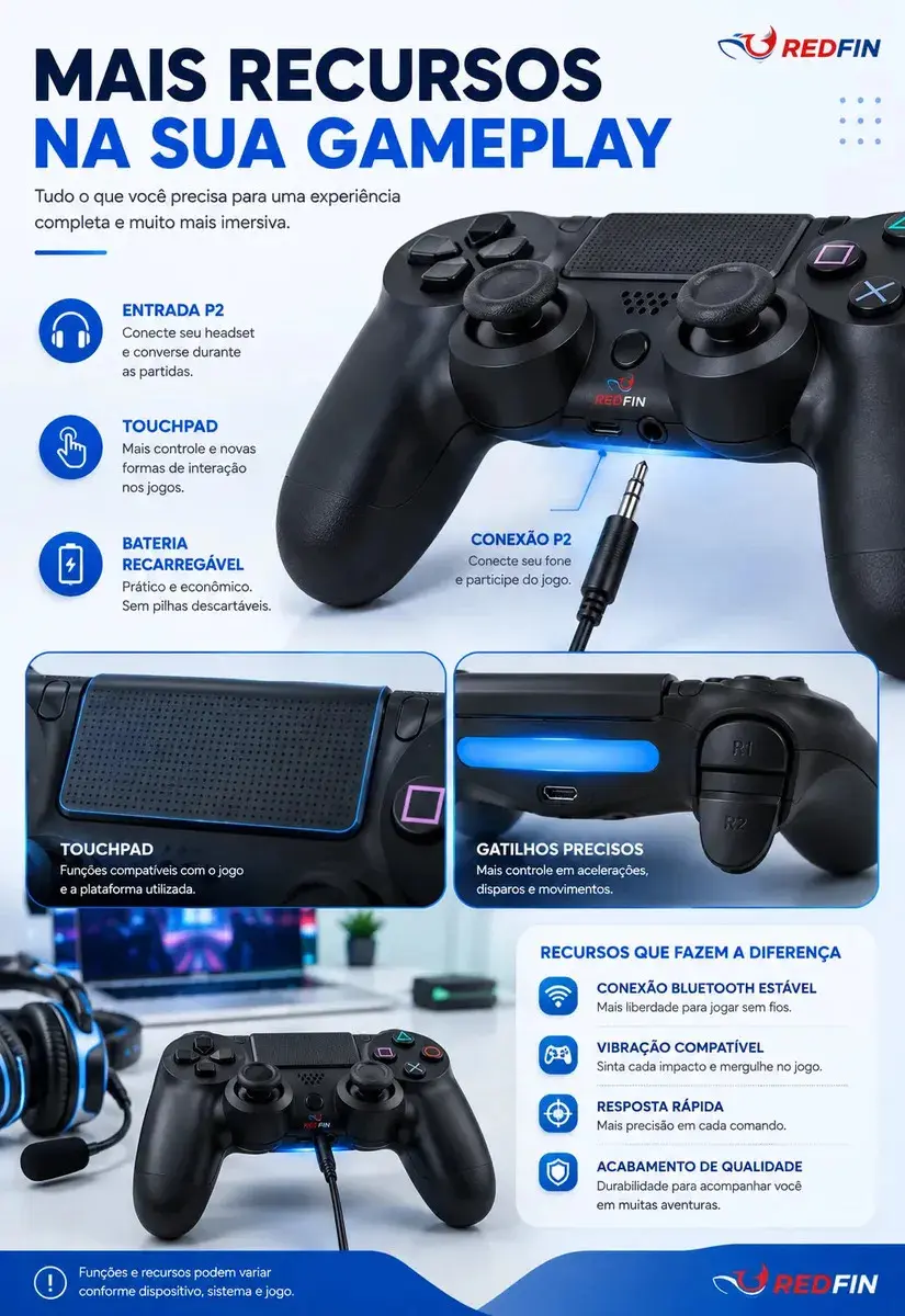 Controle Sem Fio Joystick Genérico Bluetooth Compatível Para Ps4 Videogame Tv Samsung Pc P4 Ps 4 Manete Pc Gamer Tv Smart Controle Bluetooth Celular Headset Sem Fio Com P2 Marca Redfin thumbnail 3