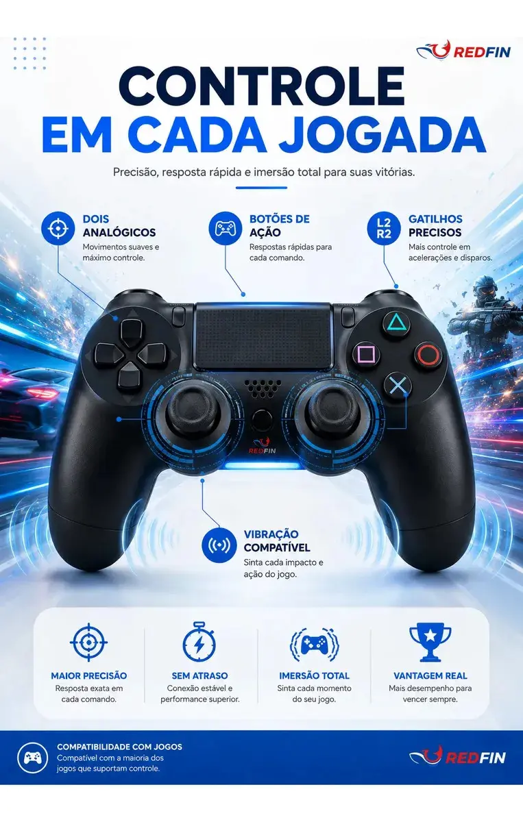 Controle Sem Fio Joystick Genérico Bluetooth Compatível Para Ps4 Videogame Tv Samsung Pc P4 Ps 4 Manete Pc Gamer Tv Smart Controle Bluetooth Celular Headset Sem Fio Com P2 Marca Redfin thumbnail 4