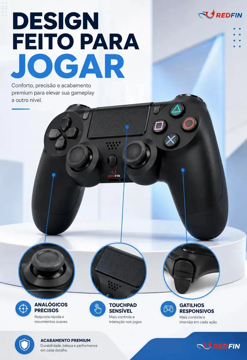 Controle Sem Fio Joystick Genérico Bluetooth Compatível Para Ps4 Videogame Tv Samsung Pc P4 Ps 4 Manete Pc Gamer Tv Smart Controle Bluetooth Celular Headset Sem Fio Com P2 Marca Redfin thumbnail 5