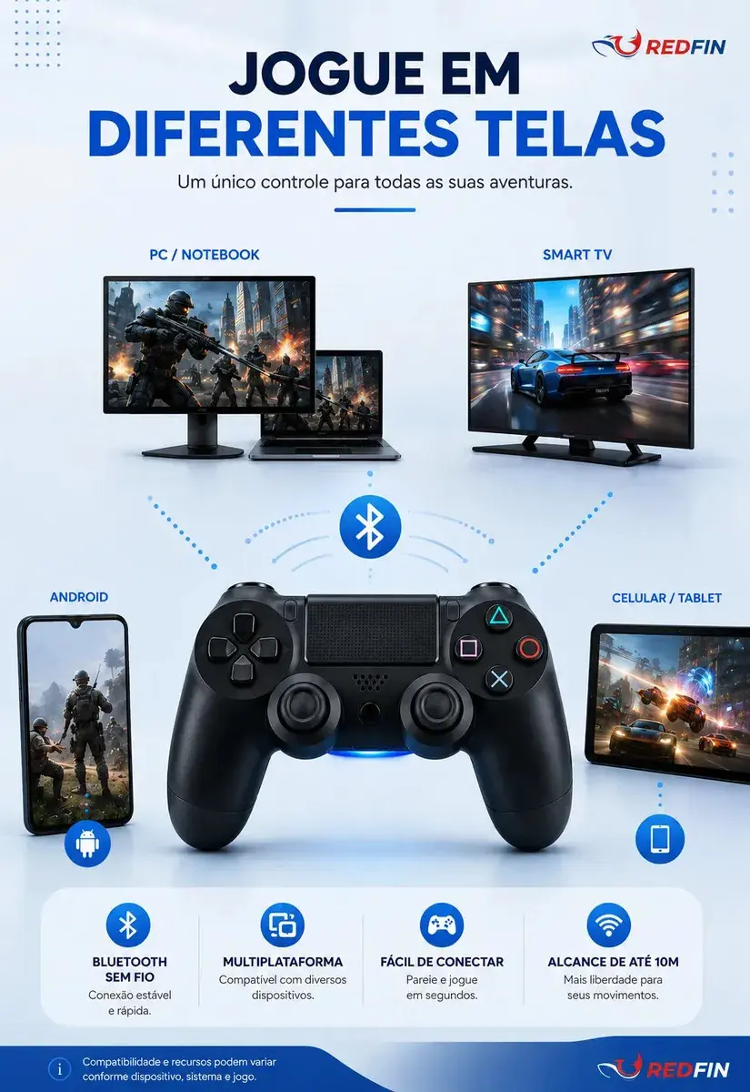 Controle Sem Fio Joystick Genérico Bluetooth Compatível Para Ps4 Videogame Tv Samsung Pc P4 Ps 4 Manete Pc Gamer Tv Smart Controle Bluetooth Celular Headset Sem Fio Com P2 Marca Redfin thumbnail 6