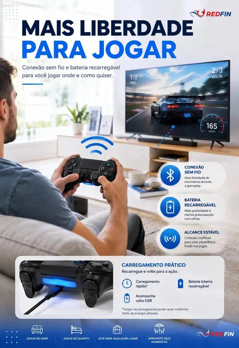 Controle Sem Fio Joystick Genérico Bluetooth Compatível Para Ps4 Videogame Tv Samsung Pc P4 Ps 4 Manete Pc Gamer Tv Smart Controle Bluetooth Celular Headset Sem Fio Com P2 Marca Redfin thumbnail 7
