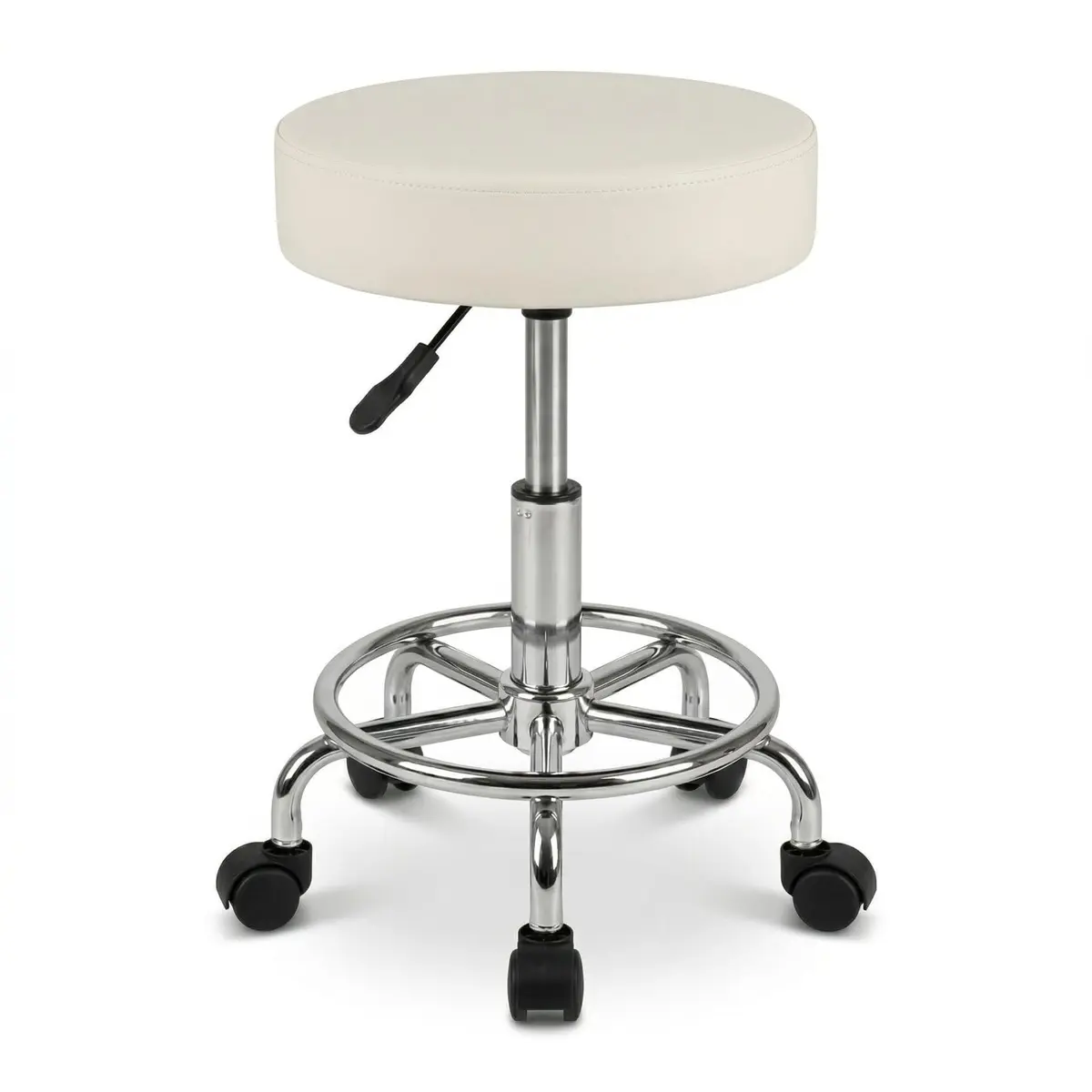 Cadeira Mocho Giratória Sem Encosto BKZA – Rodas Nylon Deslizam Fácil, Couro PU Impermeável, Pistão Gás 44–55cm, Suporta 130kg – Esteticista Manicure Pedicure (Creme)
