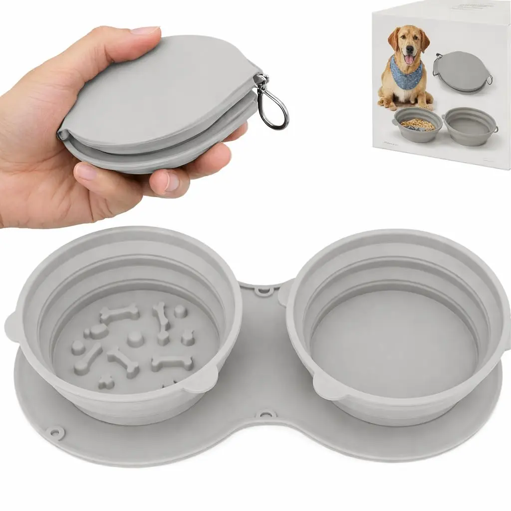 Comedouro e Bebedouro Portátil para Cães e Gatos – Tigela Dupla Dobrável de Silicone para Pets com Gancho de Alumínio – 36x18x5,5 cm (CINZA)