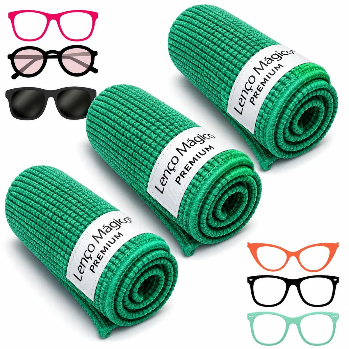 Lenço Mágico Premium + JUVEV (VERDE) Kit com 3 Lenços de Microfibra 15x15cm Original para Limpa Óculos, Celulares, Câmeras e Eletrônicos | Extra Macio, Alta Absorção, Lavável e Reutilizável - 1