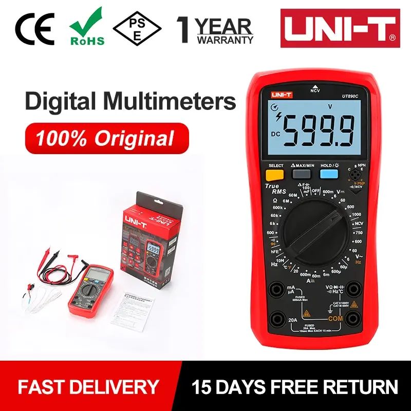 Multímetro digital uni t ut890c ut890d + 6000 contagens, frequência manual, temperatura, tensão, amperímetro ac dc dmm, testador de capacitor ncv
