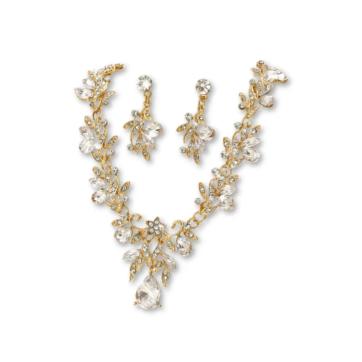 Colar e Brincos Dourados com Cristais Brilhantes – Conjunto de Joias Elegante para Noivas, Madrinhas e Festas de Gala com Design Floral Premium e Brilho Duradouro