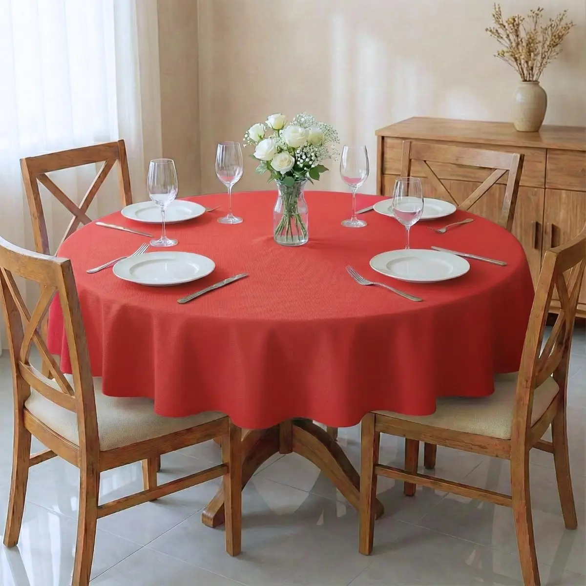 Toalha De Mesa Redonda 4 Lugares 1,40m Tecido Oxford Liso Leve e Resistente Cozzilar (Vermelha)