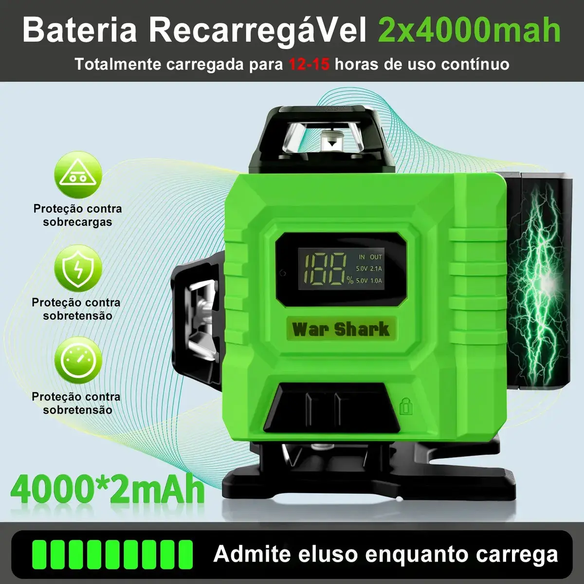 Nível Laser Verde 16 Linhas War Shark 360° Autonivelante + 2 Baterias thumbnail 3