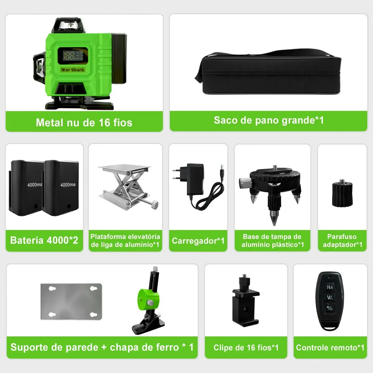 Nível Laser Verde 16 Linhas War Shark 360° Autonivelante + 2 Baterias thumbnail 6
