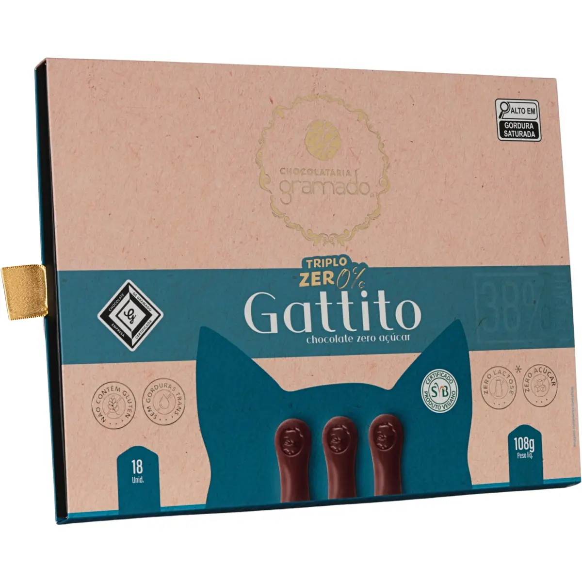 Gattito de Chocolate 38% Cacau, Chocolataria Gramado, Triplo Zero, 108g | Zero adição de açúcares, lactose e glúten, em formato lúdico, com manteiga de cacau selecionada