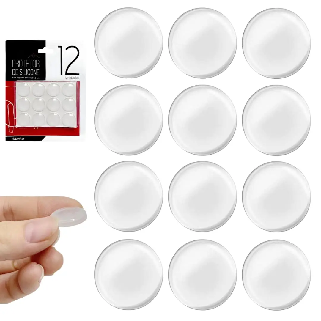 Kit C/12 Protetores de Silicone 2x2cm Anti Impacto Transparente | Adesivo amortecedor que evita riscos, batidas e ruídos em móveis, portas, gavetas, armários e eletrodomésticos.