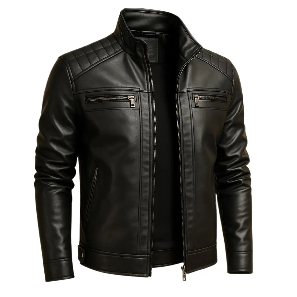 Jaqueta de couro sintético masculina slim impermeável para inverno | Jaqueta de couro sintético com modelagem slim, forro acolchoado térmico, impermeável e resistente