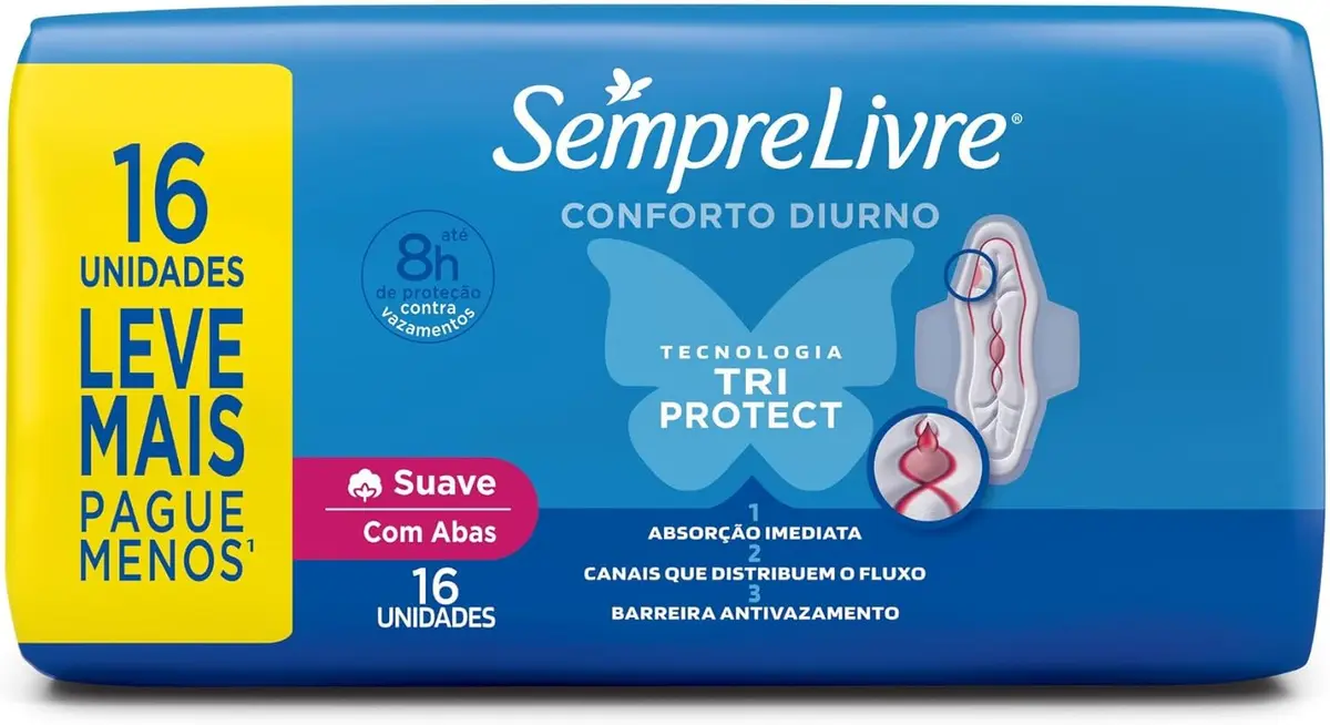 Absorvente Diurno com Abas Sempre Livre, Cobertura Suave, 16 Unidades