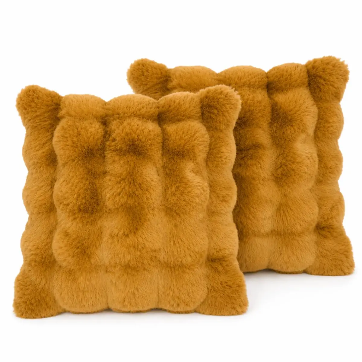 Capa de Almofada, Kit com 2 Capas Decorativas em Pelúcia, Plush, Luxuoso, Toque Suave, Desenhos em Relevo, Sala - Casa e Decoração (Pelinhos - Caramelo Mostarda)