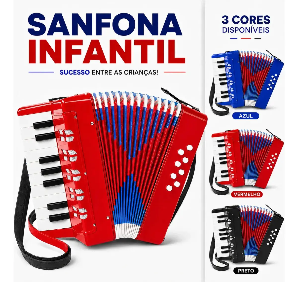 Gaita Sanfona Acordeão Iniciante 8 Baixos 17 Teclas Brinquedo Crianças Sanfona Infantil Brinquedo Musical Vermelho - Petite Flô - 1