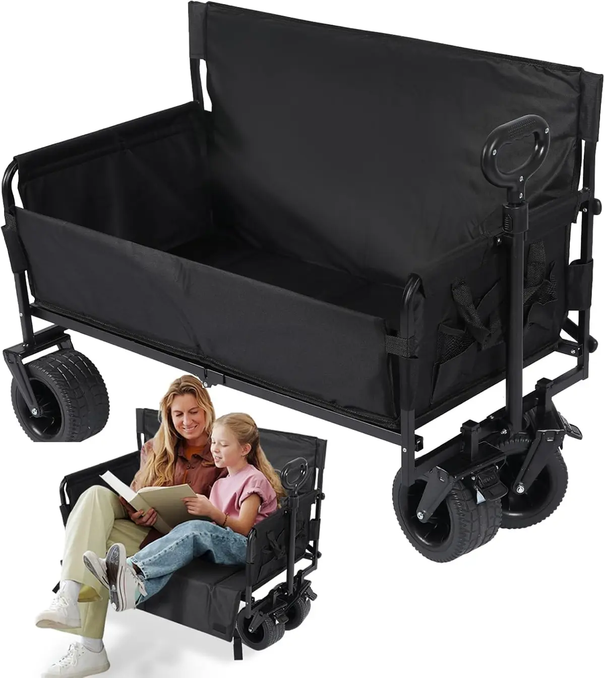 Joyfox Carrinho Dobrável de Acampamento 2 em 1, Suporta 150-200kg, Porta Traseira Conversível em Banco, Rodas Largas Todo-o-Terreno com Freio, Tecido Oxford 600D, para Praia, Camping e Jardim (Preto)