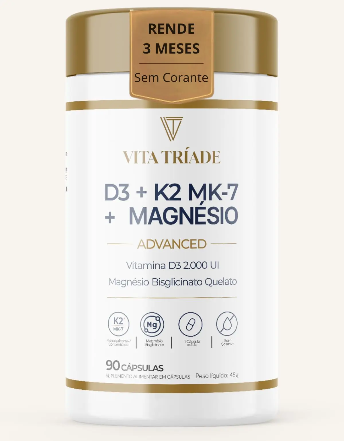 Vitamina D3 2000UI K2 MK7 149mcg Magnésio Bisglicinato 90 Cápsulas 3 Meses | Alto teor de D3 K2, Até 90 dias, Sem Corantes - 1