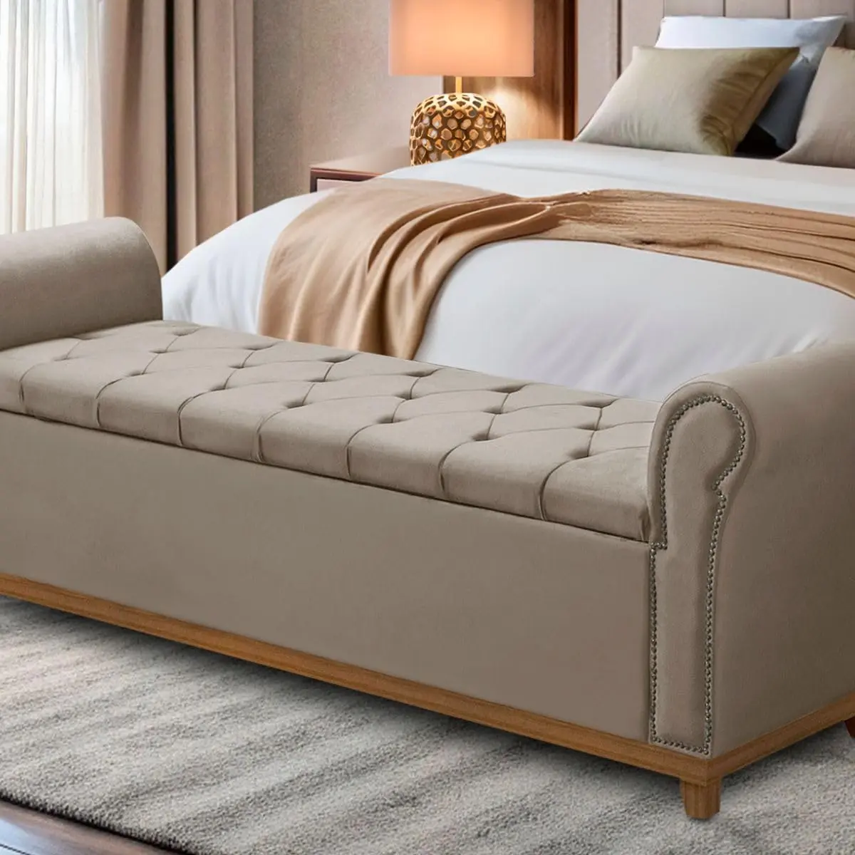 Baú Para Quarto Pé de Cama Box King Size Madeira Grécia (Capuccino)