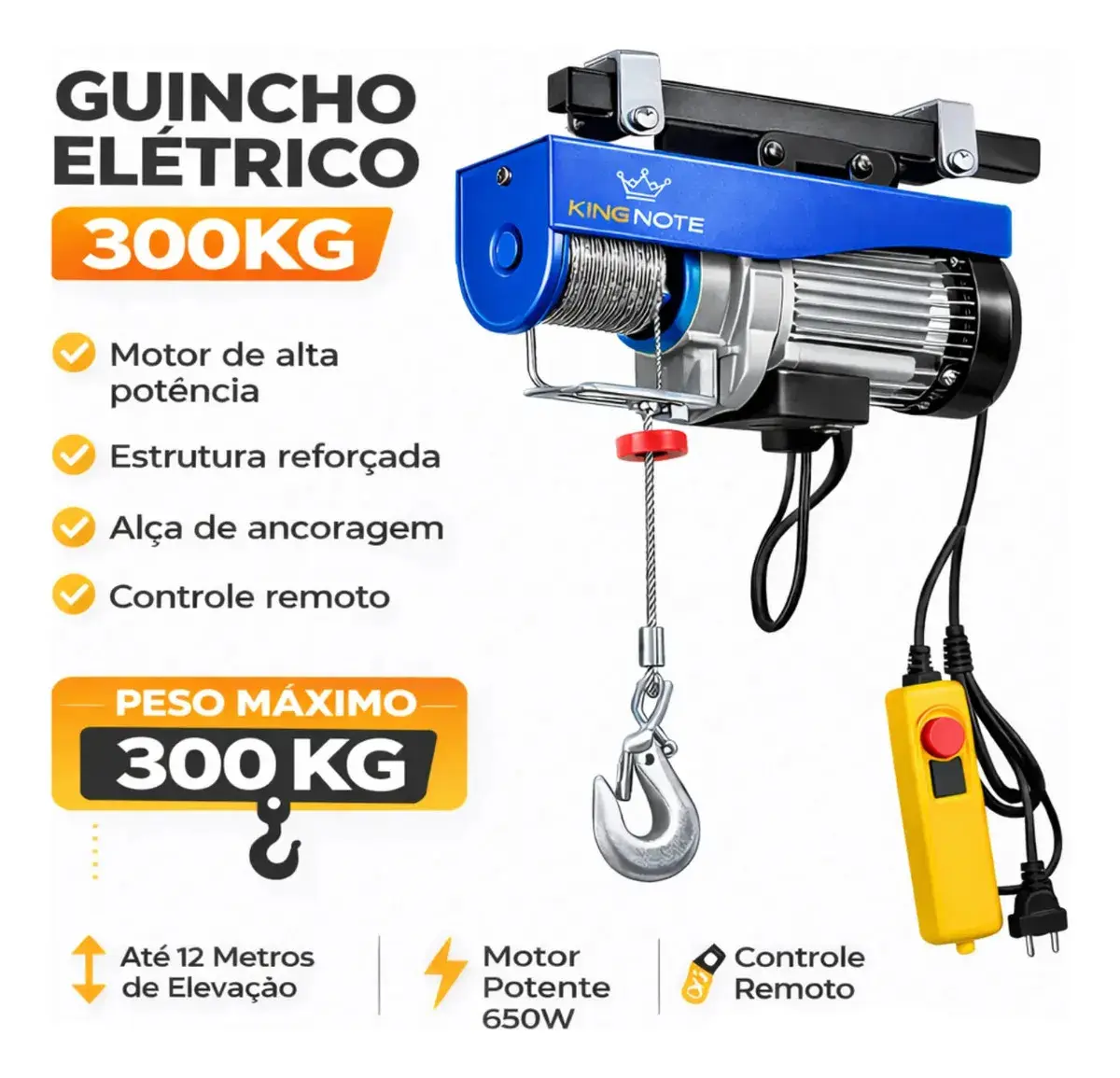 Guincho Talha Elétrica Capacidade 150 / 300 Kg Elevação De Até 12 Metros 650W Cabo Aço thumbnail 3