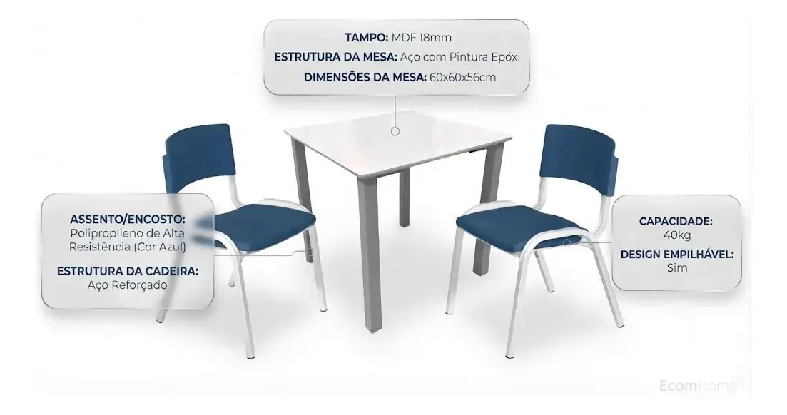 Jogo Mesa Infantil EcomHome Azul Com 2 Cadeiras Plástico Ergonômico