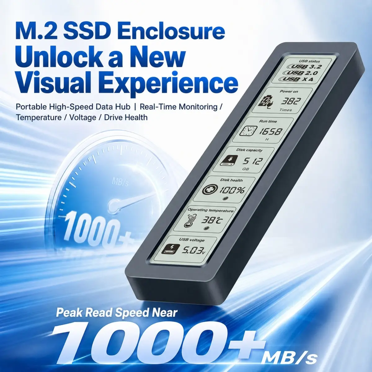 M.2 NVMe SATA SSD Gabinete Visual Smart SSD Case USB 3.2 Gen 2 10Gbps NVMe PCI-E 20Gpbs - 1