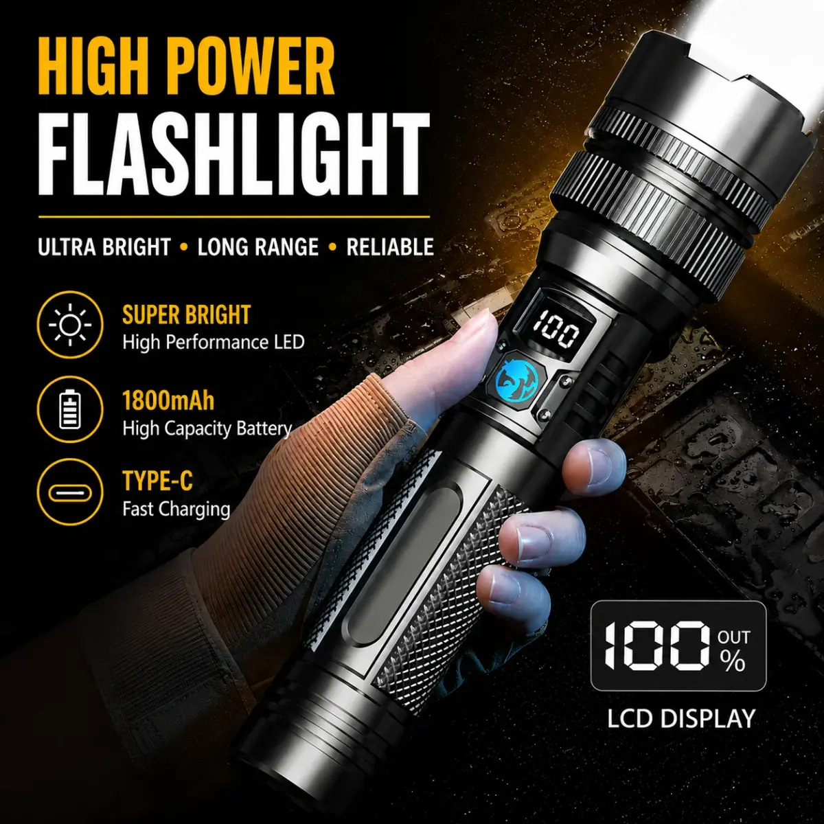 Lanterna LED Super Brilhante Recarregável com Zoom e Display Digital, Luz Tática à Prova d'Água para Camping e Uso Externo