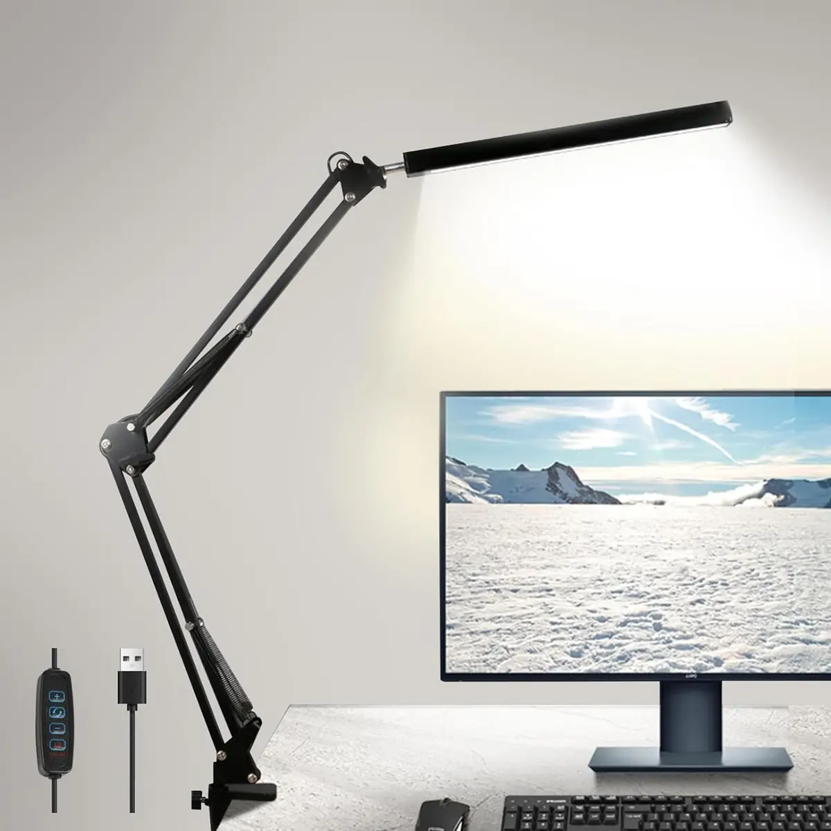 BEMMY Luminárias de Mesa, Luz de Mesa USB Ajustável para Cuidados com Os Olhos com Grampo, Lâmpada de Braço Giratório Inclui 3 Modos de Cor Claras, Candeeiro de Leitura de Cabeceira (Preto) - 1