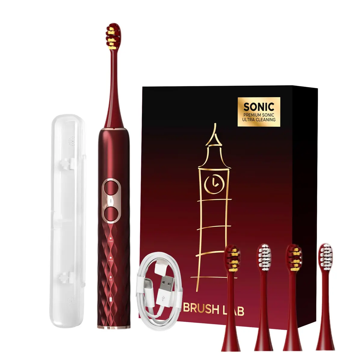 OralGos Escova de Dente Elétrica Sônica para Adultos, Vermelho | Cerdas Macias e Médias, USB Recarregável, IPX7 à Prova d'Água, 4 Cabeças Substituíveis, Portátil para Viagem