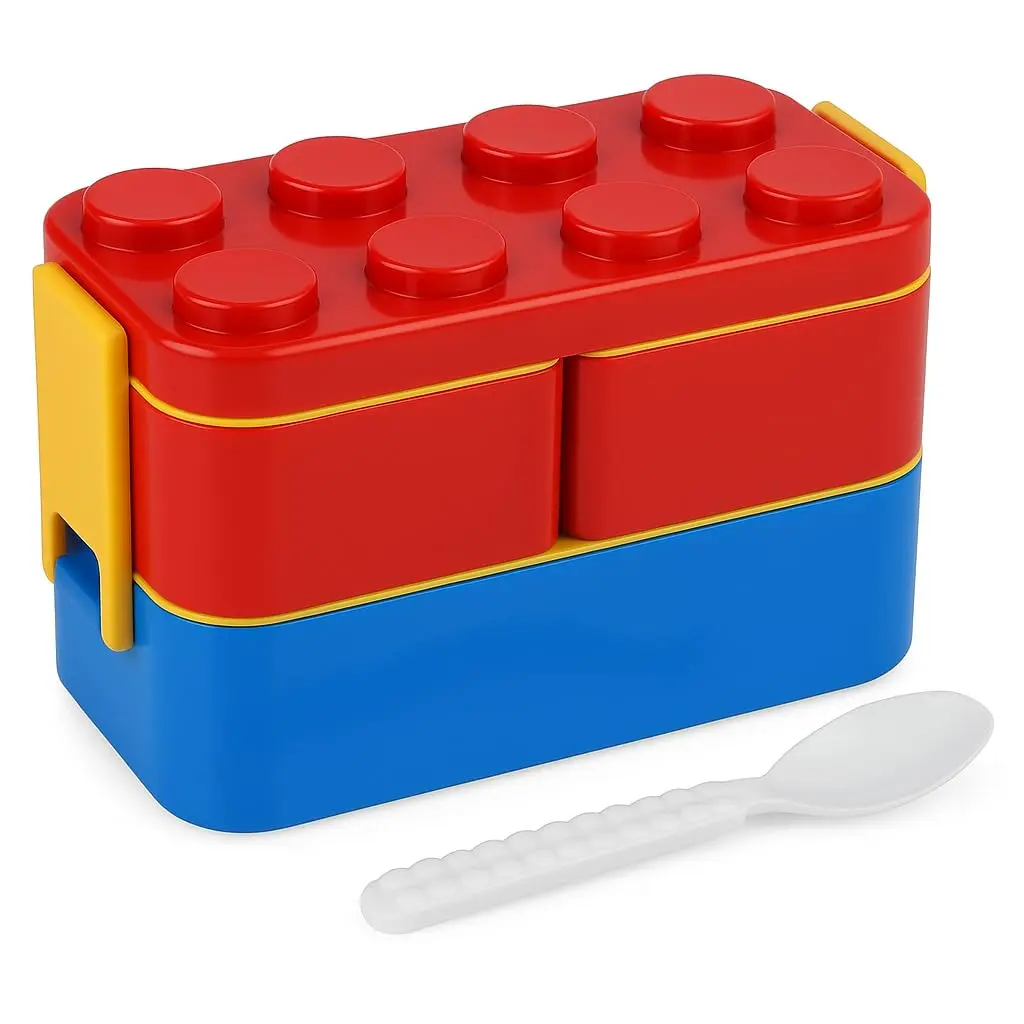 Lancheira Infantil Em Formato Bloco de Montar, A Lancheira Super divertida, com Divisórias Ajustáveis, com Talheres Embutidos, 3 em 1, Livre de BPA (Vermelho)