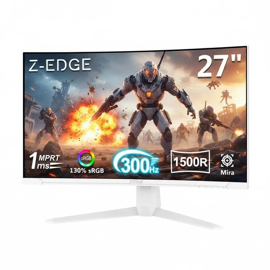 Monitor Gamer Curvo 27 polegadas Z-Edge, monitor pc FHD 1080P 300Hz, 1500R, 2 portas DP 1.4 e 2 portas HDMI 2.0, Ajuste de Inclinação, Suporte VESA, Sem Bordas,branco