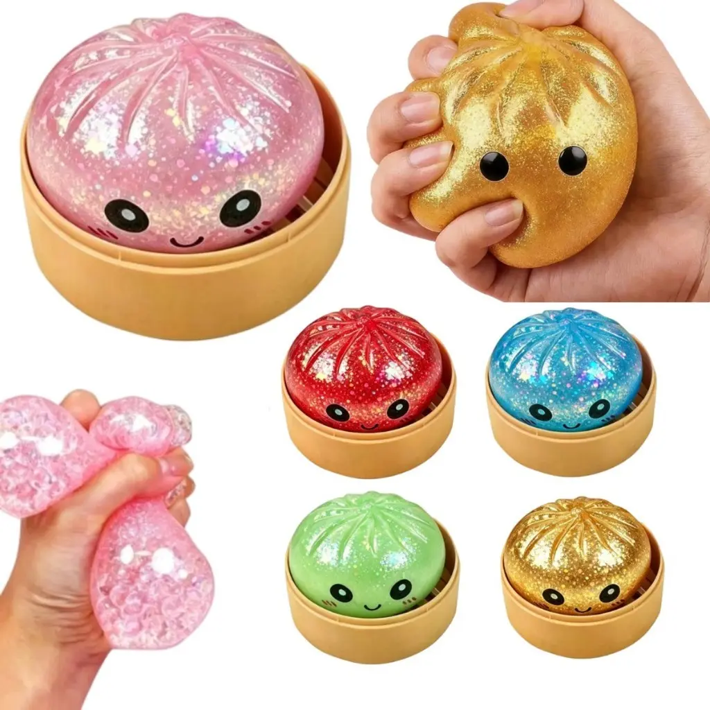 8.5 Cm Glitter Bun Squishy Toy Com Cesta De Vapor Bolinho Stress Relief Squeeze Ball Fidget Bola De Descompressão Brinqu - 1