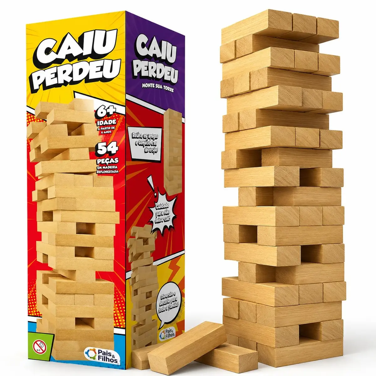 Jogo Caiu Perdeu com 54 Peças de Madeira - Torre de Equilíbrio e Estratégia - Brinquedo Educativo para Crianças e Adultos - Diversão para Família e Amigos