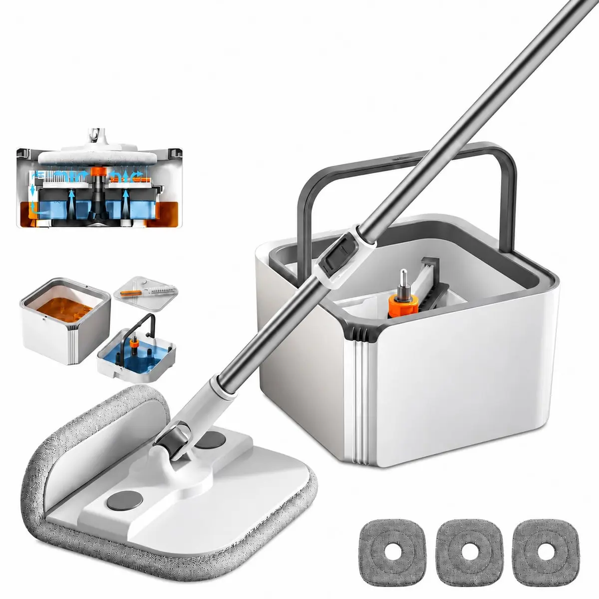 Mop Lava e Seca com Balde Separador, Prensa para Secagem, Base Flexível 360°, Pano de Microfibra Reutilizável para Limpeza de Pisos, Vidros e Superfícies (Mop Giratório)