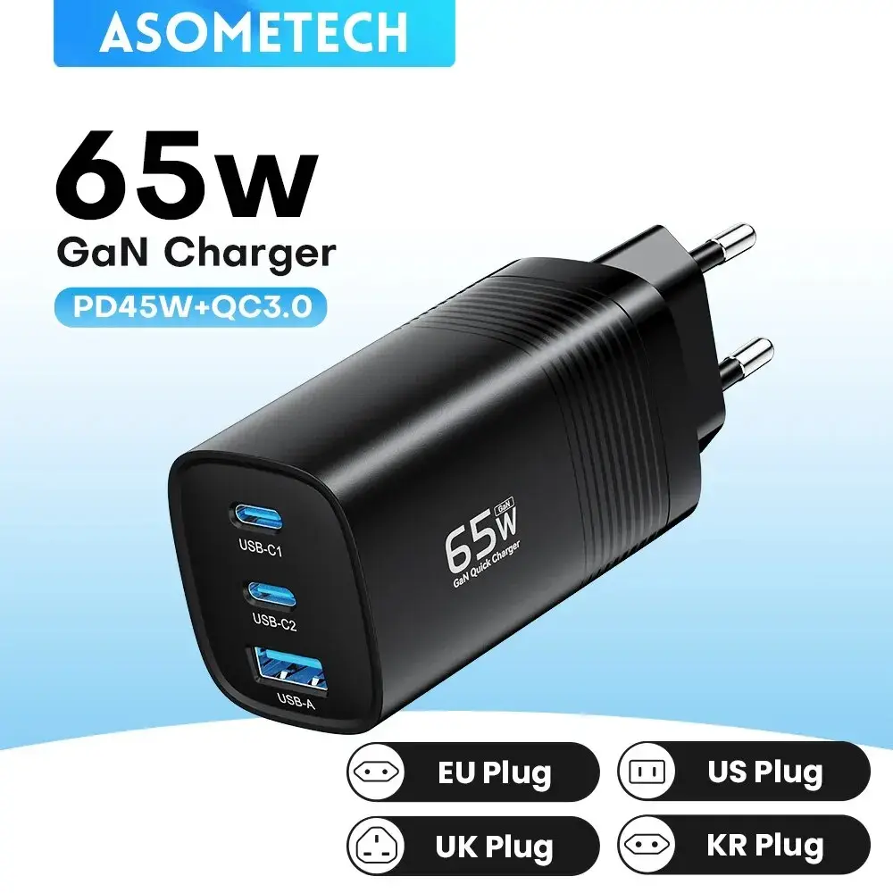 Asometech gan usb tipo c carregador 65w 45 pps pd qc4.0 carregador rápido para macbook portátil ipad tablet iphone 16 samsung s23 ultra