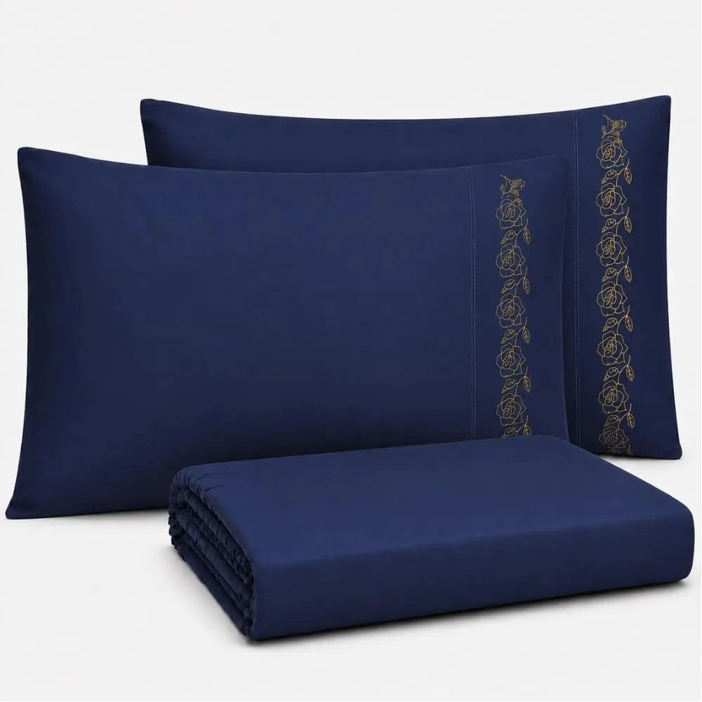 Jogo de Lençol Casal 400 Fios Floral Dourado 3 Peças | 400 Fios, 3 Peças, Inclui Fronhas, Casal, Estampa Floral, Decalque Dourado, Hotel, Luxo - 1