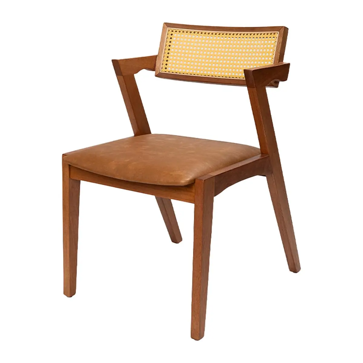 Cadeira de Jantar Estofada Madeira Maciça Com Telinha Rattan Natural Stter (Couro Marrom)