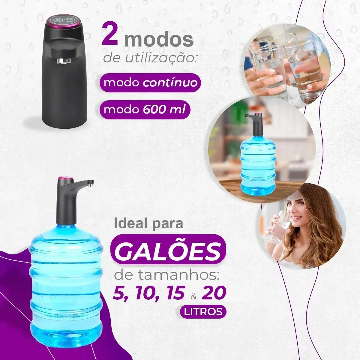 Bomba Galão De Água Recarregável Dispenser Bivolt Usb Cor Aleatório Preto ou Branco Kateluo thumbnail 3