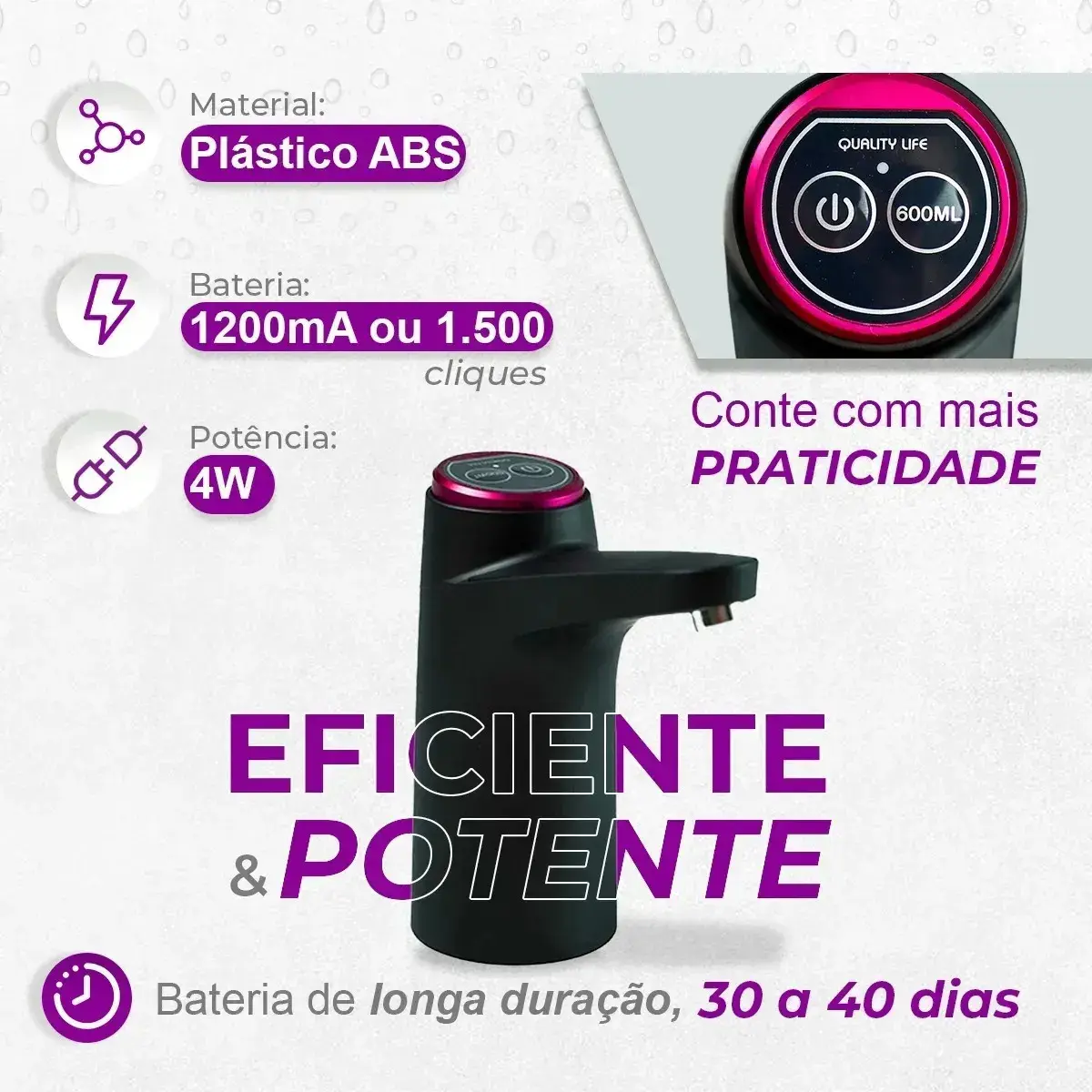 Bomba Galão De Água Recarregável Dispenser Bivolt Usb Cor Aleatório Preto ou Branco Kateluo thumbnail 4